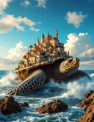 Primary subject: A large turtle with a castle on its back.

Setting/background: The turtle is in the ocean, with a castle floating on its back.

Visual style: The image is a digital artwork.

Colors and mood: The image has a vibrant and lively color scheme, with the turtle and castle being the main focus.